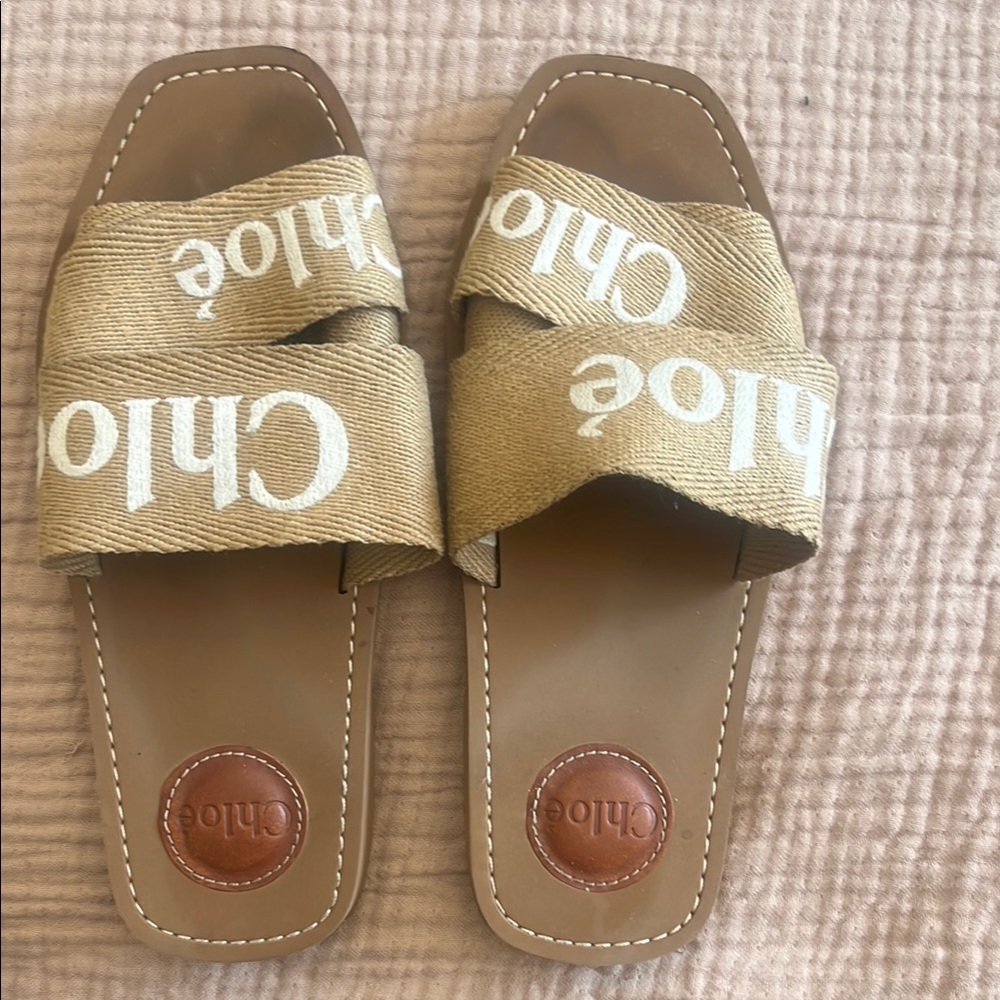 Chloe Tan and White Slide Sandals with Logo Strap